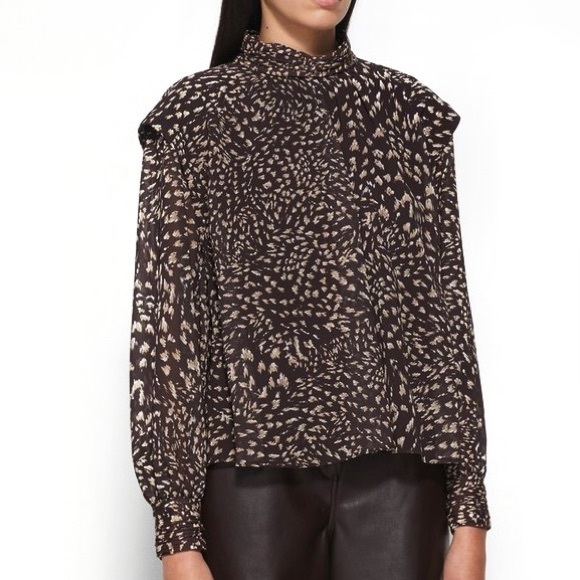 NEW JONATHAN SIMKHAI BROWN PRINTED CHIFFON MOCK NECK TOP - Picture 5 of 9